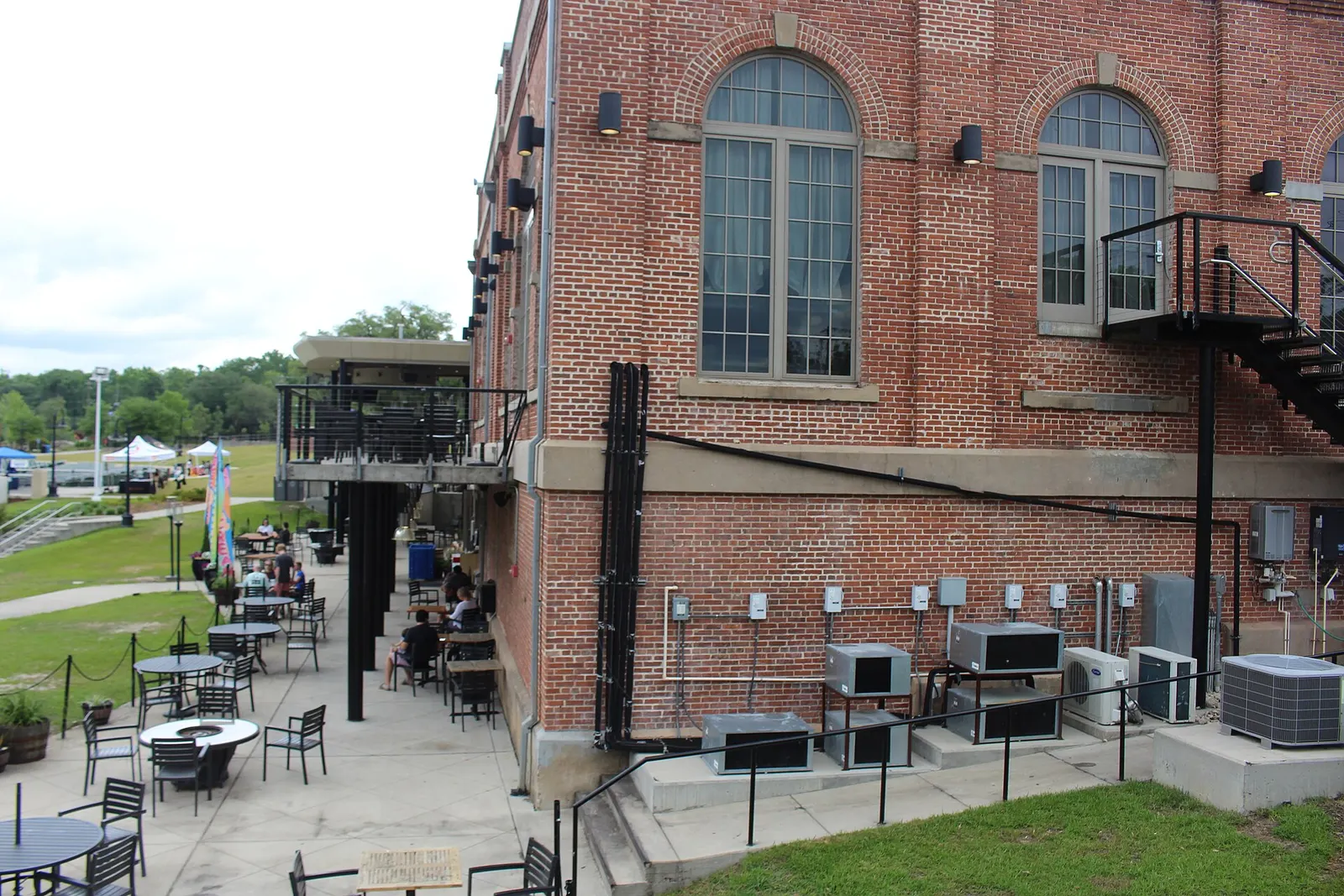 The patio at The Edison, the restaurant in a restored 1921 power plant beside Cascades Park in Tallahassee.