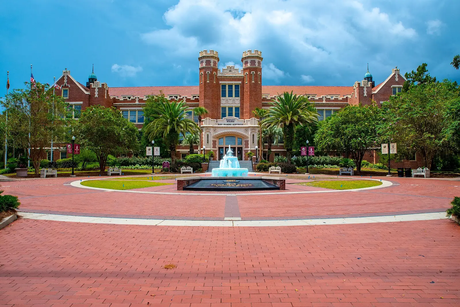 The Westcott Building and fountain at Florida State University, home of Ruby Diamond Concert Hall, in Tallahassee.