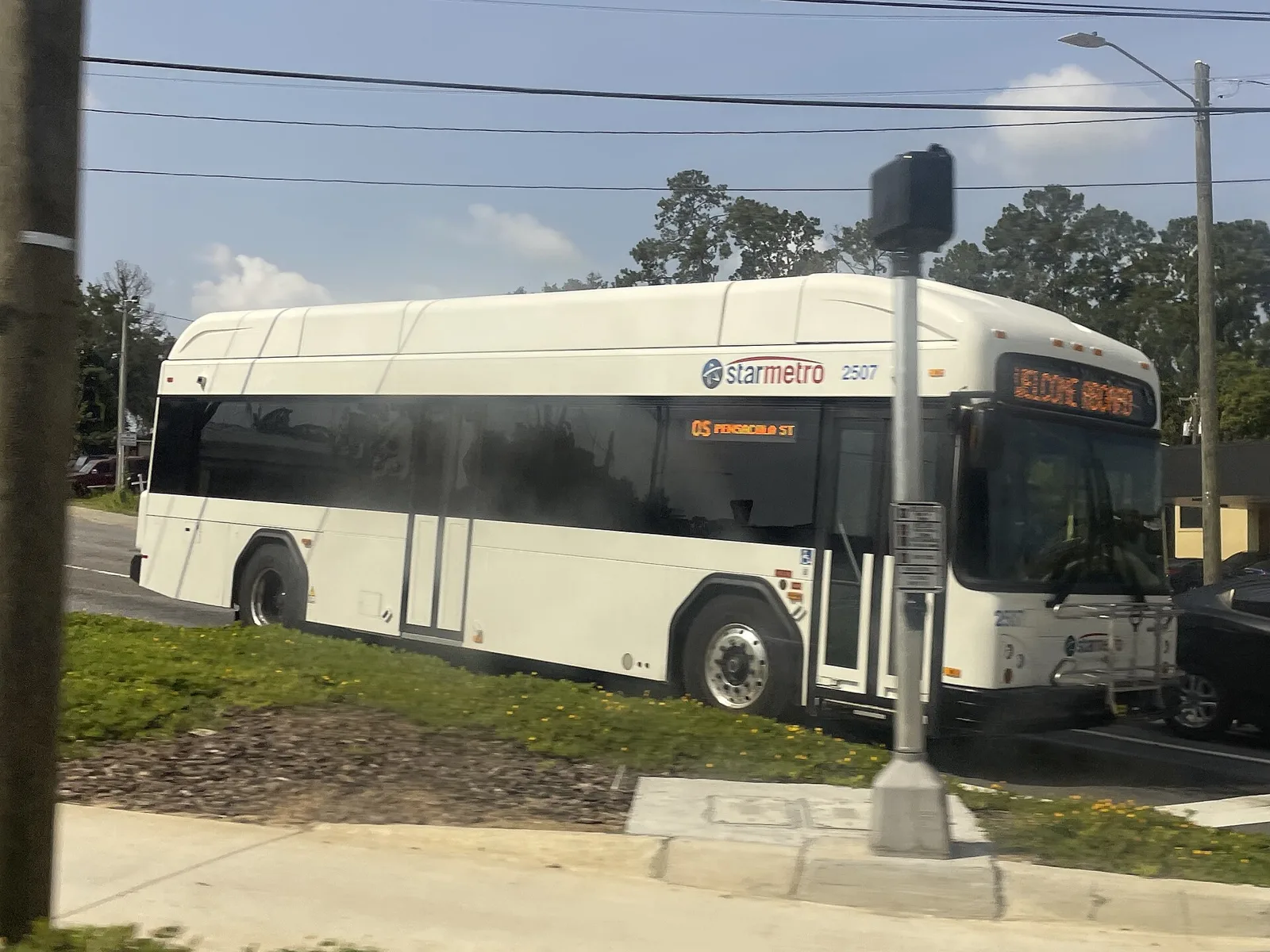 A StarMetro bus on Route 5, Pensacola Street, in Tallahassee.