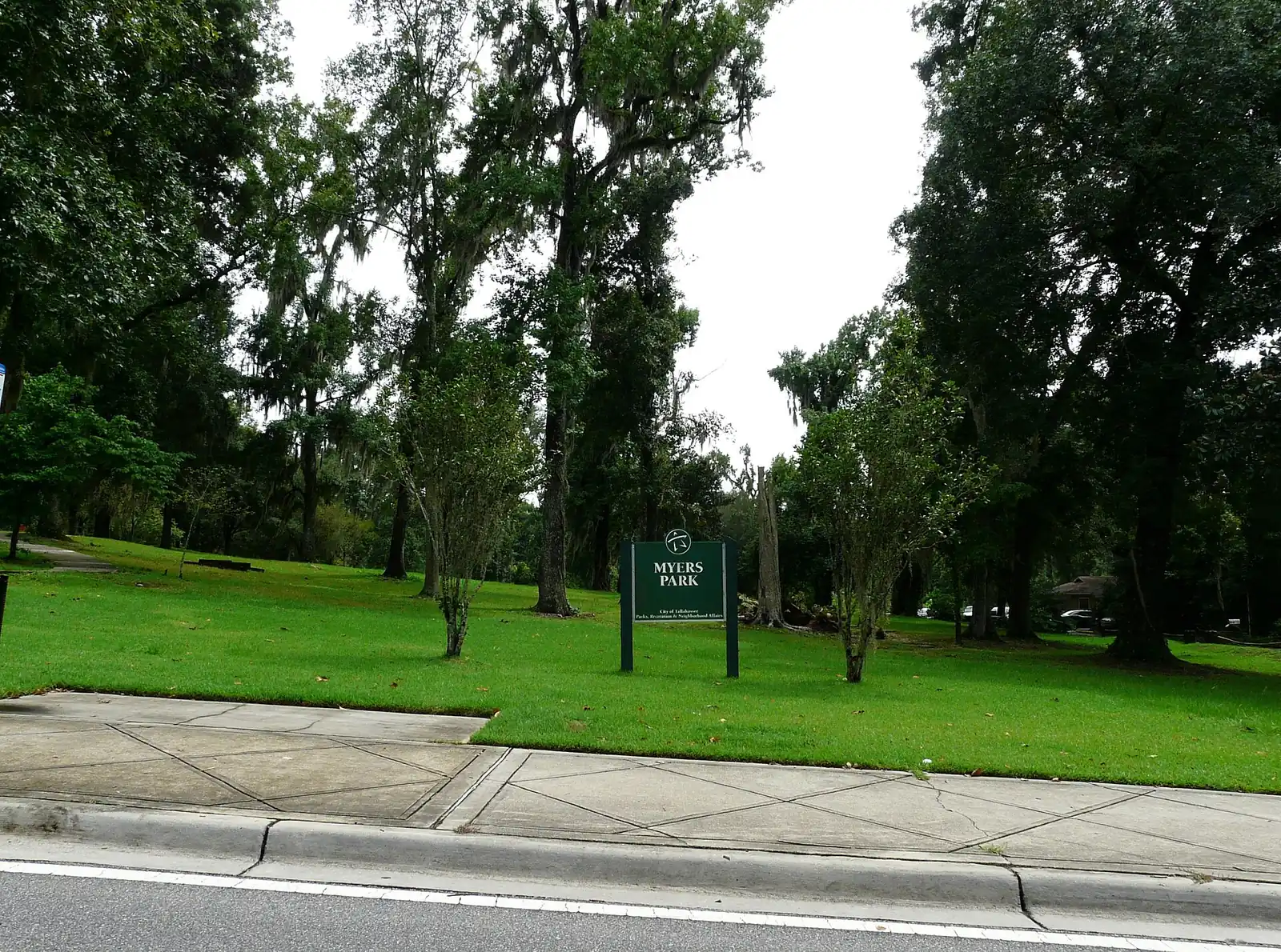 Lawn and trees at the north end of Myers Park, the city park at the center of Tallahassee's Myers Park neighborhood.