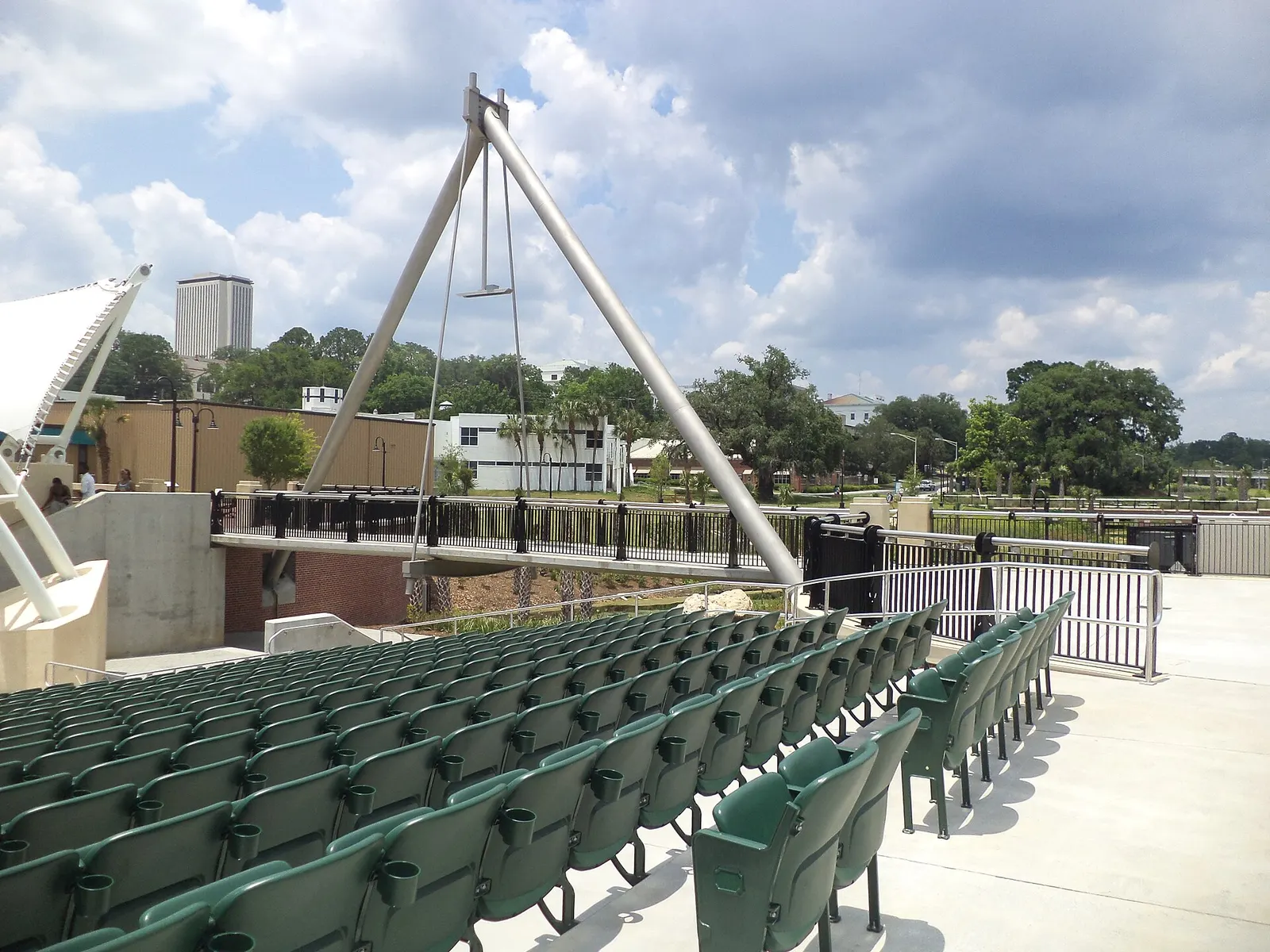 Seats at the Adderley Amphitheater in Cascades Park, formerly the Capital City Amphitheater, looking toward the Capitol in downtown Tallahassee.