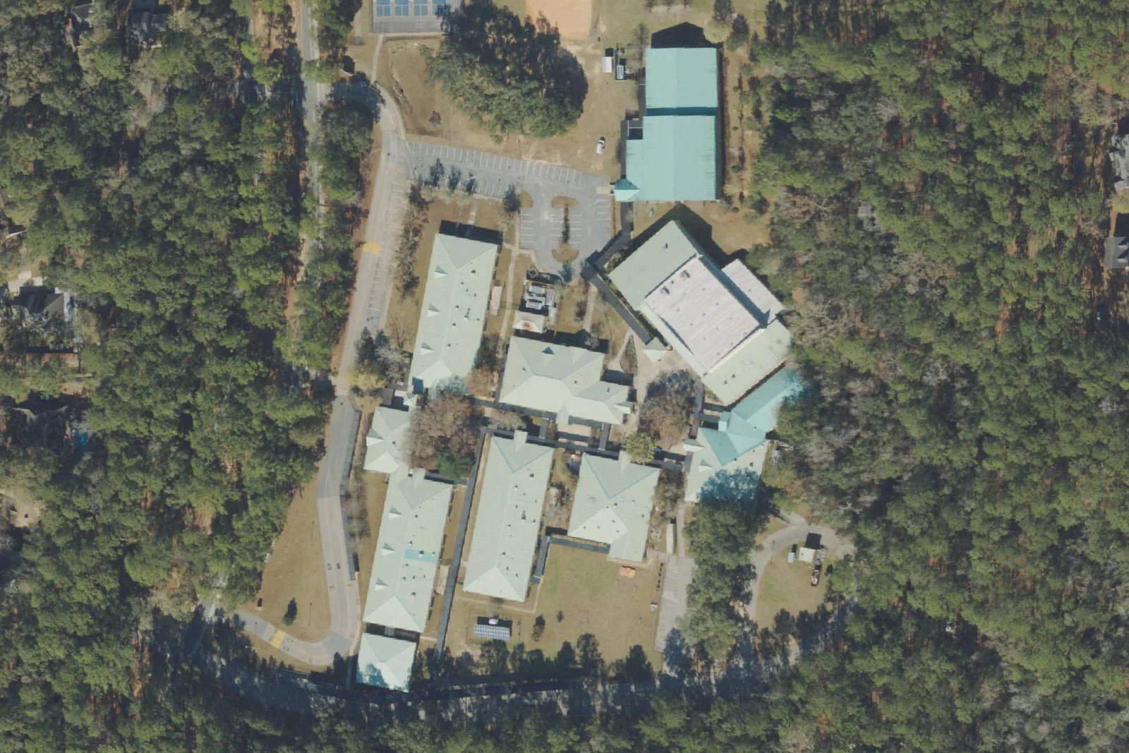 An aerial view of the Deerlake Middle School campus in the Killearn Lakes area north of Tallahassee