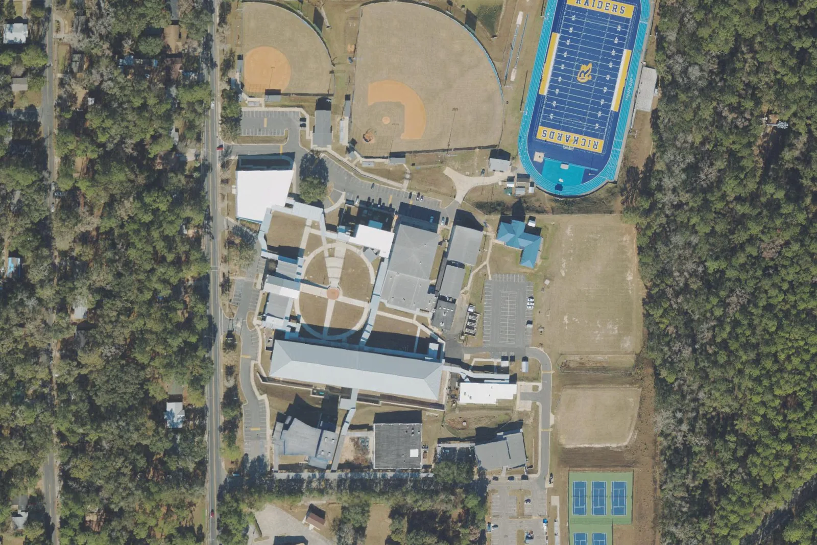 An aerial view of the James S. Rickards High School campus on Jim Lee Road in Tallahassee