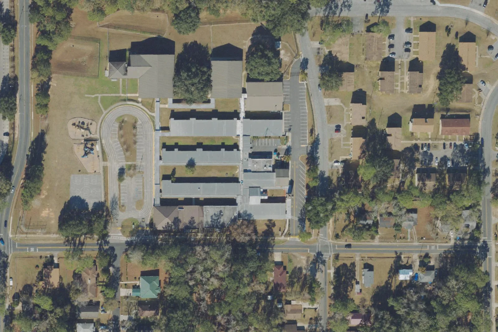 An aerial view of the John G. Riley Elementary School campus on Indiana Street in Tallahassee