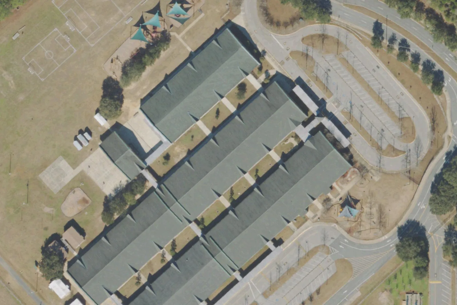 An aerial view of the Roberts Elementary School campus on Pimlico Drive in northeast Tallahassee
