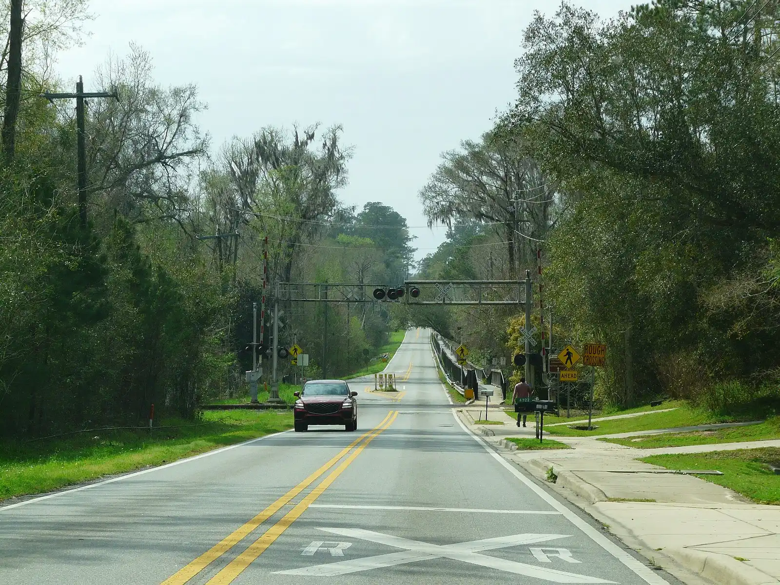 The railroad crossing on Fred George Road in northwest Tallahassee, the road Springwood Elementary sits on