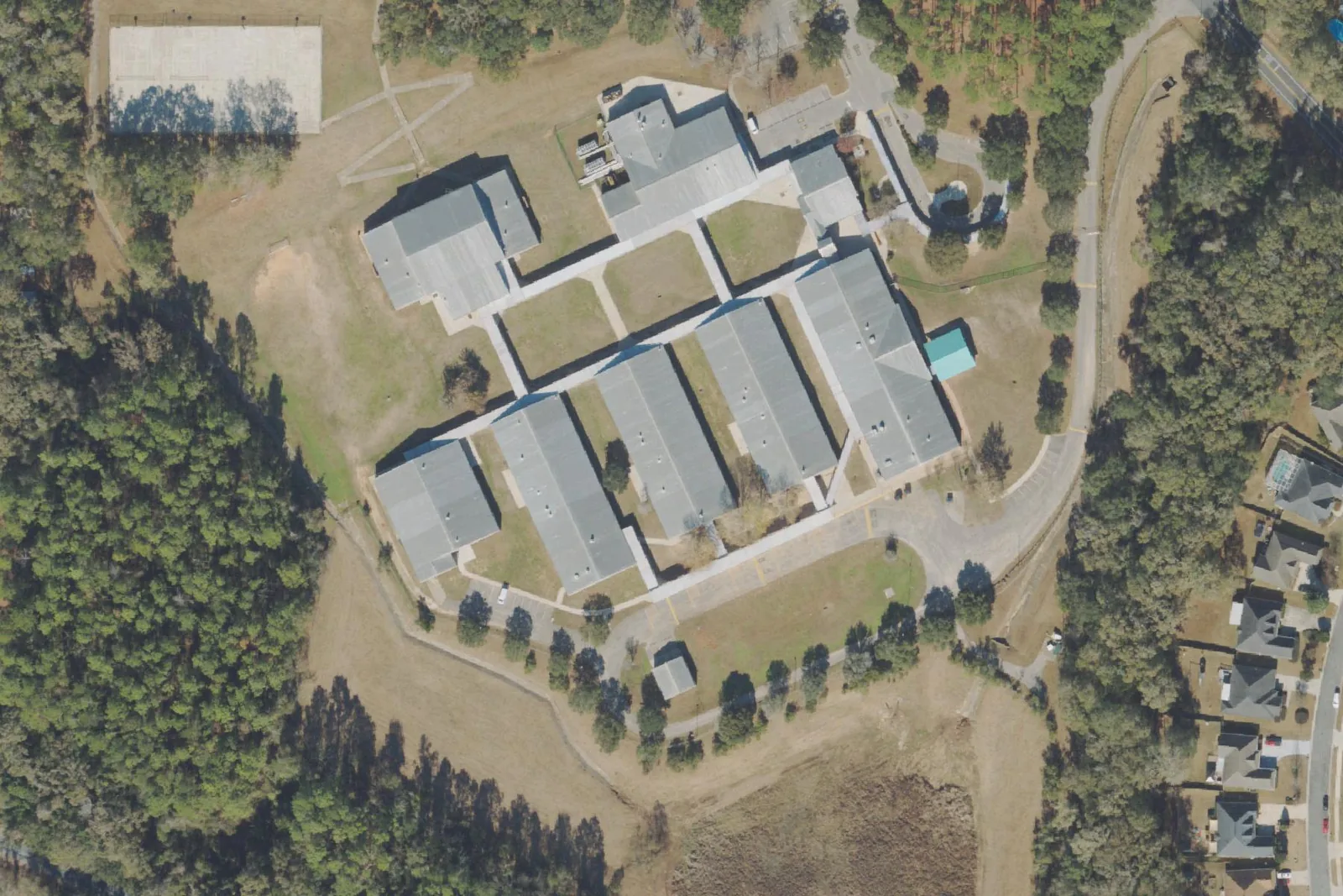 An aerial view of the Swift Creek Middle School campus on Pedrick Road in eastern Tallahassee
