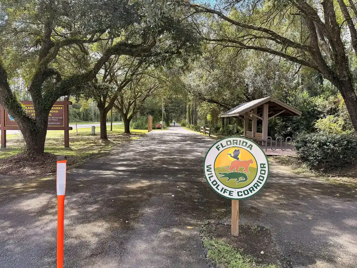 The oak-shaded Tallahassee trailhead of the paved Tallahassee-St. Marks Historic Railroad State Trail.